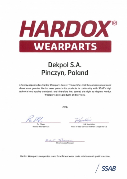 Dekpol dołączył do sieci Hardox Wearparts BIZNES, Firma - Dekpol, dynamicznie rozwijający segment produkcji łyżek i osprzętu do maszyn budowlanych, dołączył do grona Hardox Wearparts.